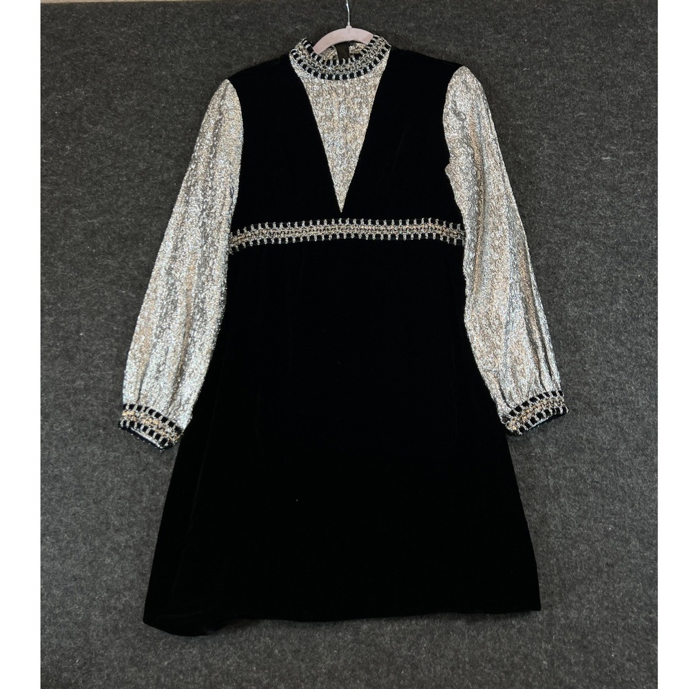 Vintage 90s Velvet Metallic Mini Dress Black Mock Neck Empire Waist Women Medium